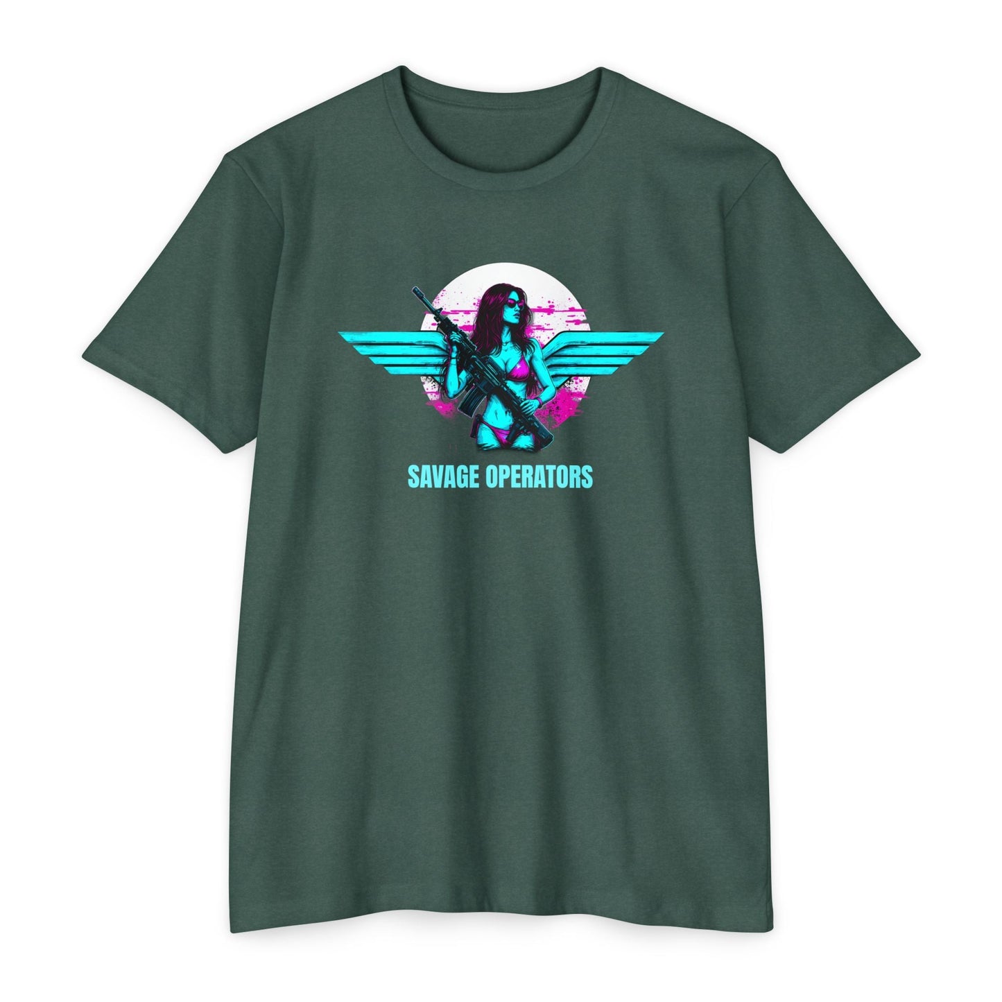 Savage Operators Retro Neon SavOps Angel T-Shirt - Savage Operators Tactical Tee | T-Shirt | Savage Operators Clothing | Patriotic Apparel | Military Humor | High Quality Heather Forest Green