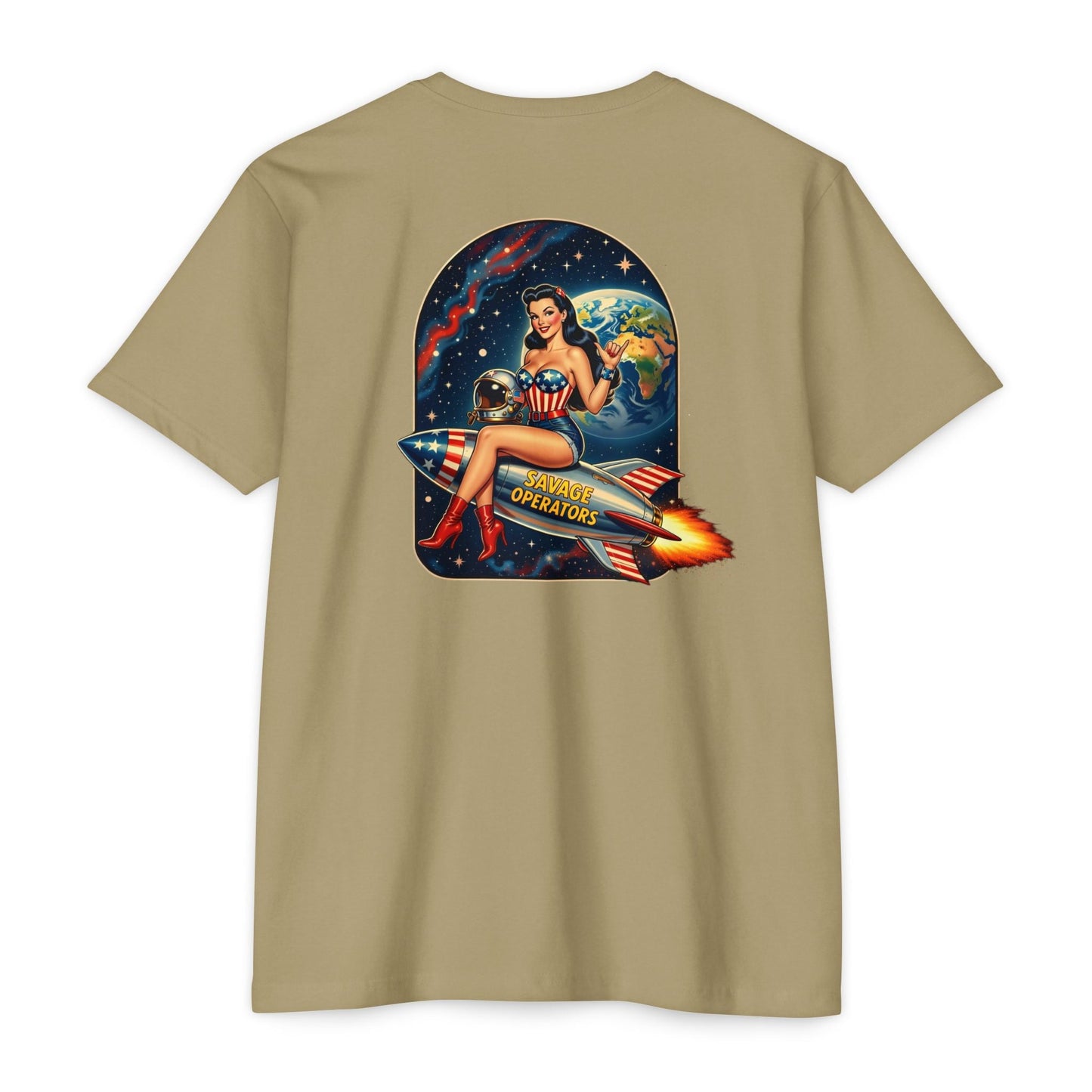 Savage Operators Rocket Girl Back Print Shirt – Vintage Space Pin - Up Tactical Tee - Savage Operators Tactical Tee | T-Shirt | Savage Operators Clothing | Patriotic Apparel | Military Humor | High Quality CVC Light Olive