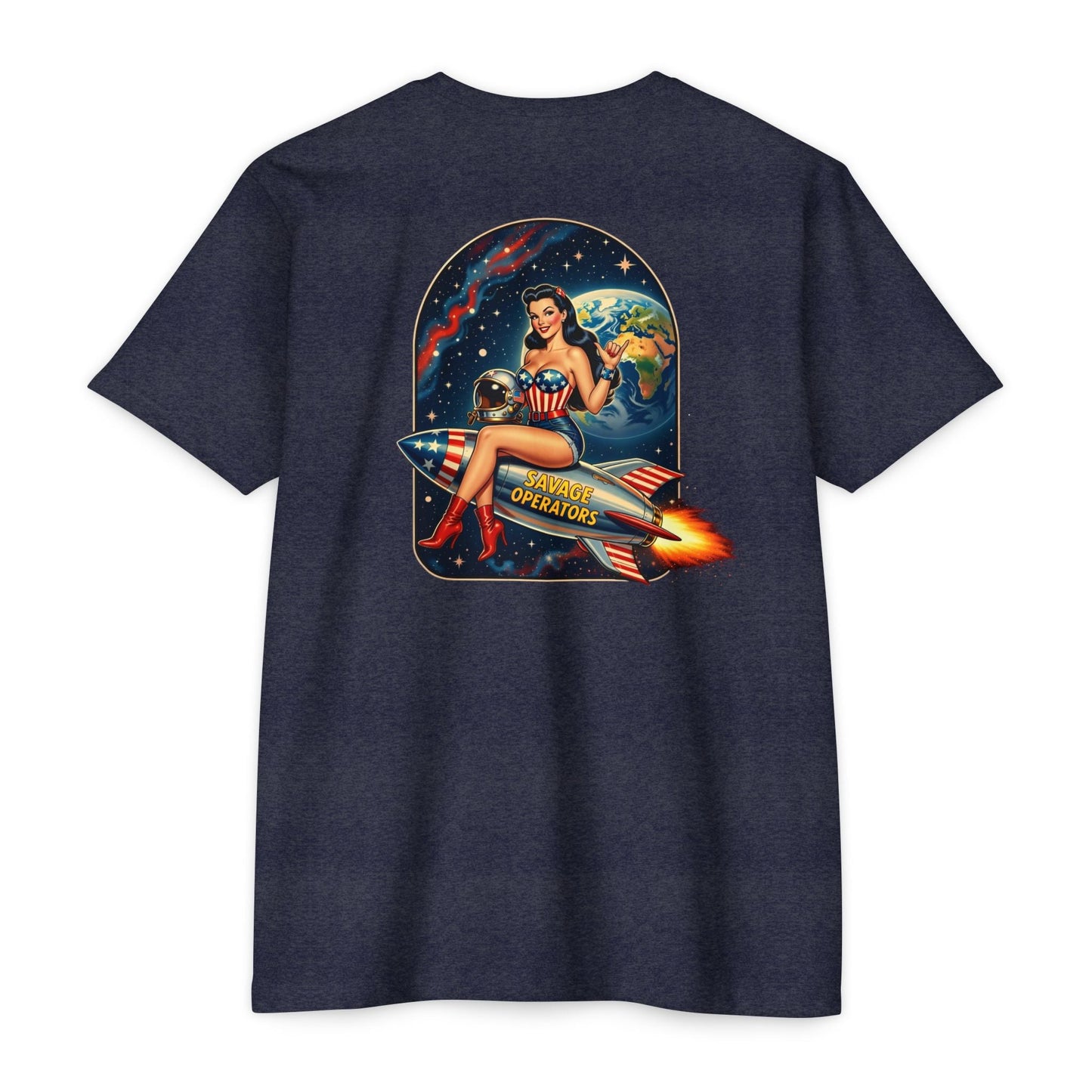 Savage Operators Rocket Girl Back Print Shirt – Vintage Space Pin - Up Tactical Tee - Savage Operators Tactical Tee | T-Shirt | Savage Operators Clothing | Patriotic Apparel | Military Humor | High Quality Heather Maroon