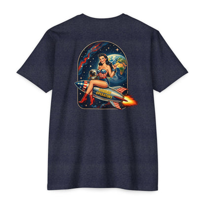 Savage Operators Rocket Girl Back Print Shirt – Vintage Space Pin - Up Tactical Tee - Savage Operators Tactical Tee | T-Shirt | Savage Operators Clothing | Patriotic Apparel | Military Humor | High Quality Heather Maroon