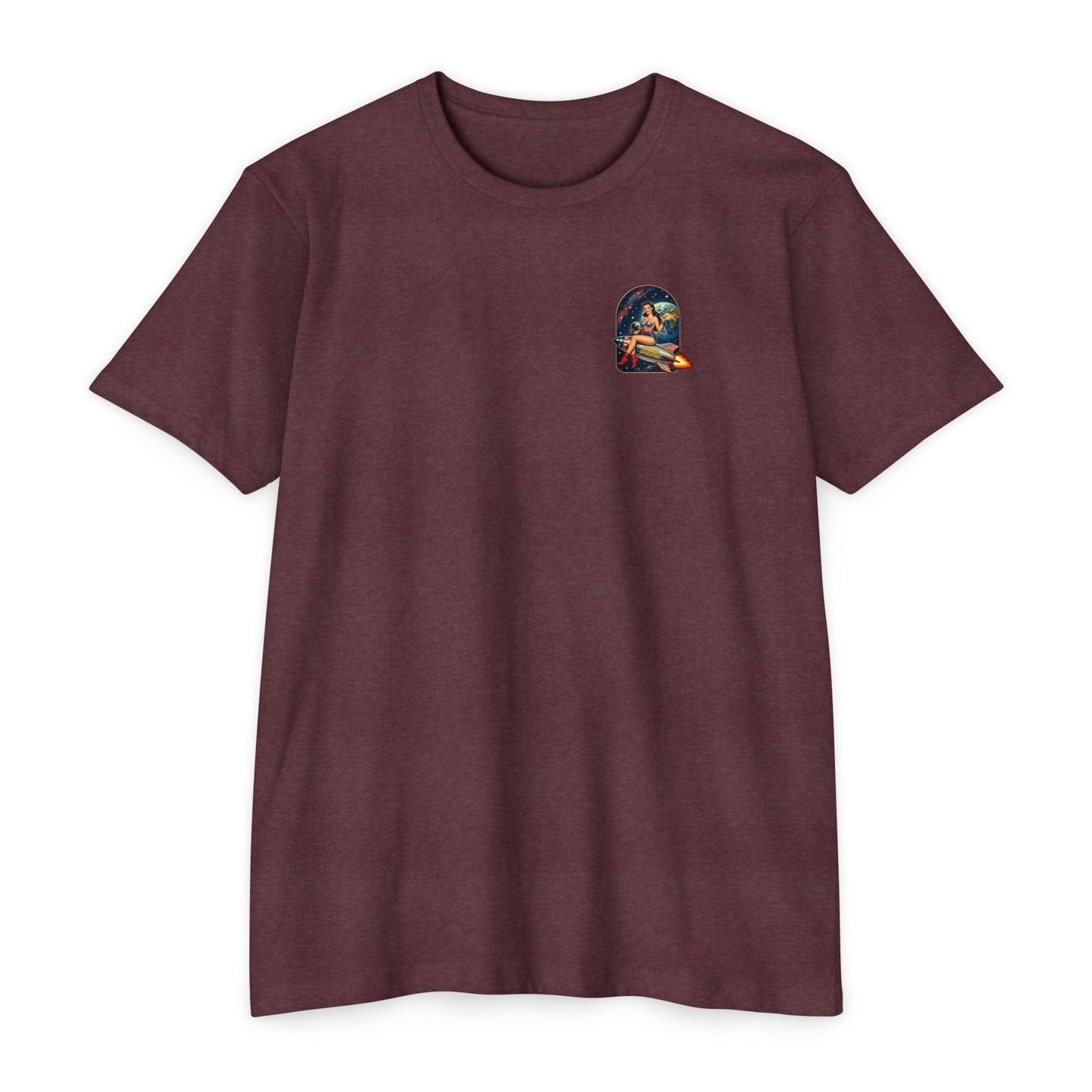Savage Operators Rocket Girl Back Print Shirt – Vintage Space Pin - Up Tactical Tee - Savage Operators Tactical Tee | T-Shirt | Savage Operators Clothing | Patriotic Apparel | Military Humor | High Quality Heather Maroon