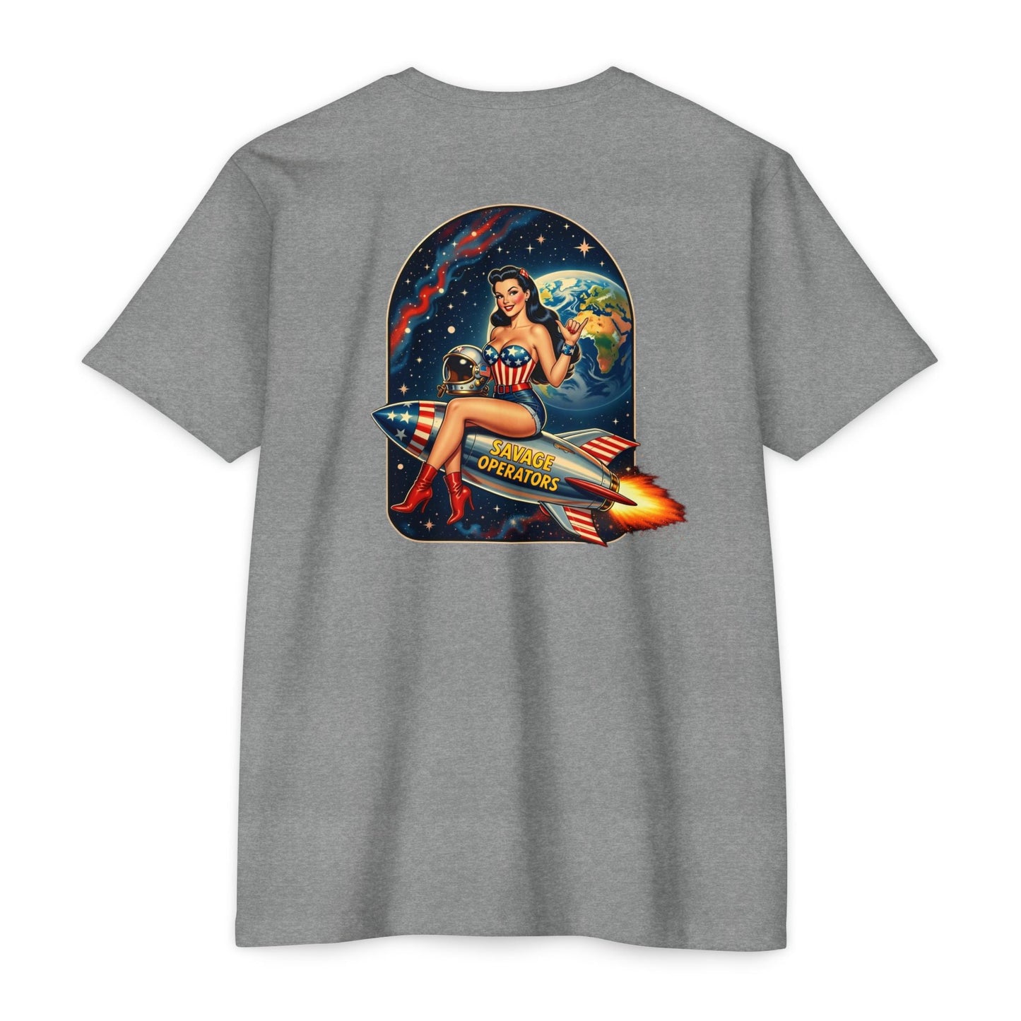 Savage Operators Rocket Girl Back Print Shirt – Vintage Space Pin - Up Tactical Tee - Savage Operators Tactical Tee | T-Shirt | Savage Operators Clothing | Patriotic Apparel | Military Humor | High Quality Heather Maroon