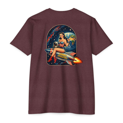 Savage Operators Rocket Girl Back Print Shirt – Vintage Space Pin - Up Tactical Tee - Savage Operators Tactical Tee | T-Shirt | Savage Operators Clothing | Patriotic Apparel | Military Humor | High Quality Heather Maroon