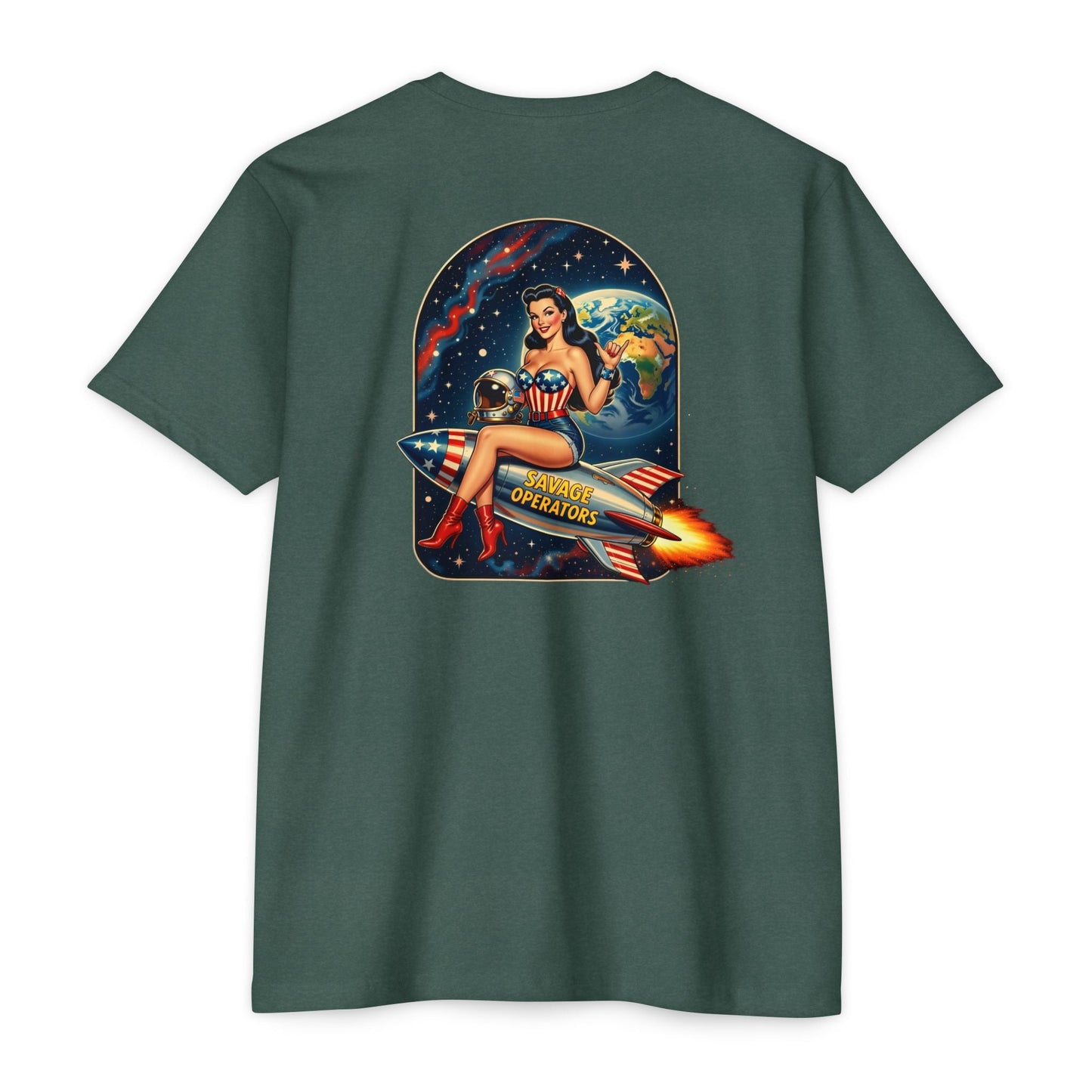Savage Operators Rocket Girl Back Print Shirt – Vintage Space Pin - Up Tactical Tee - Savage Operators Tactical Tee | T-Shirt | Savage Operators Clothing | Patriotic Apparel | Military Humor | High Quality Heather Maroon