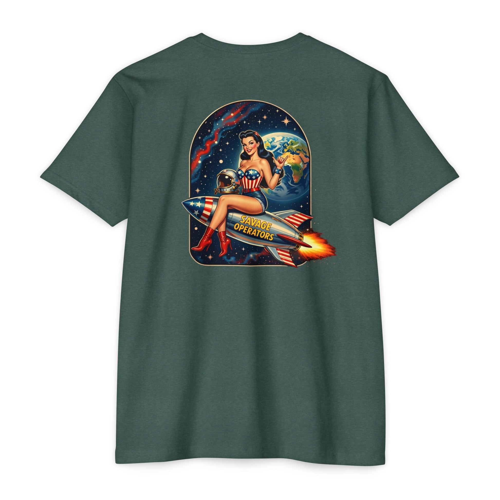 Savage Operators Rocket Girl Back Print Shirt – Vintage Space Pin - Up Tactical Tee - Savage Operators Tactical Tee | T-Shirt | Savage Operators Clothing | Patriotic Apparel | Military Humor | High Quality Heather Maroon