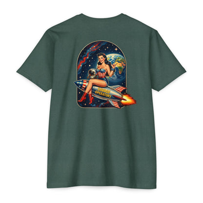 Savage Operators Rocket Girl Back Print Shirt – Vintage Space Pin - Up Tactical Tee - Savage Operators Tactical Tee | T-Shirt | Savage Operators Clothing | Patriotic Apparel | Military Humor | High Quality Heather Maroon
