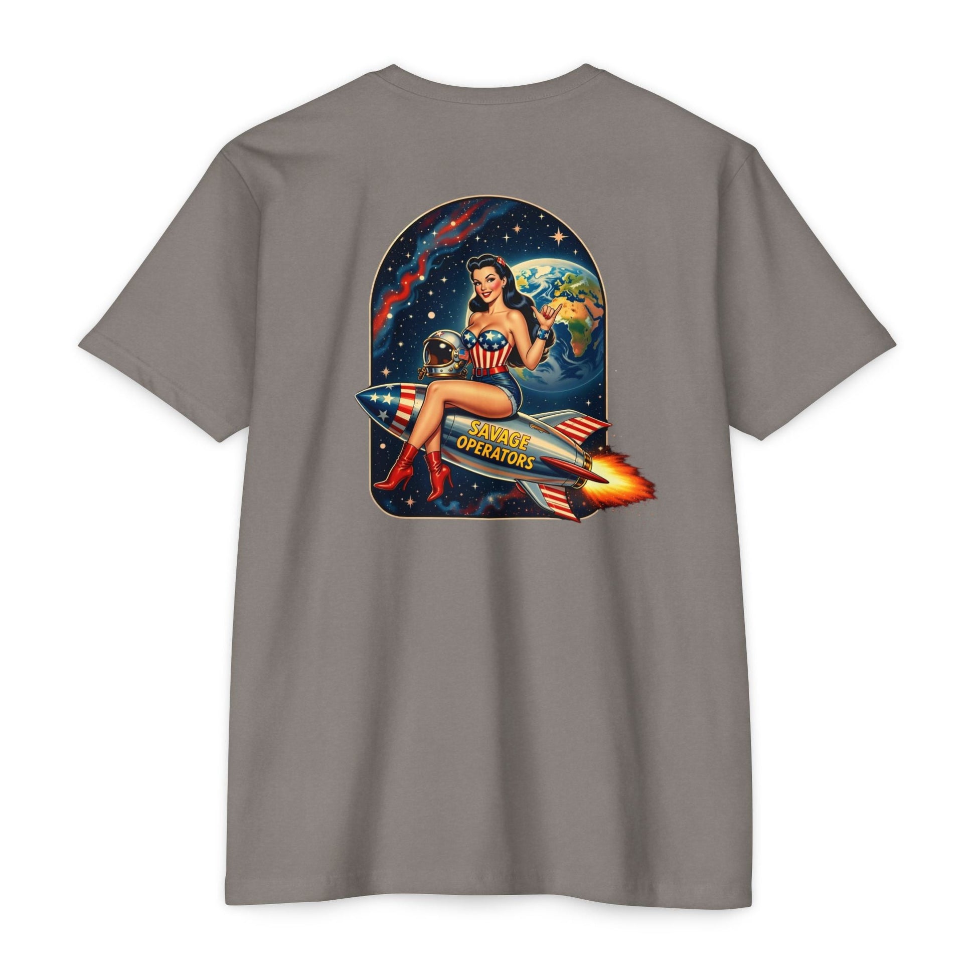 Savage Operators Rocket Girl Back Print Shirt – Vintage Space Pin - Up Tactical Tee - Savage Operators Tactical Tee | T-Shirt | Savage Operators Clothing | Patriotic Apparel | Military Humor | High Quality Heather Maroon