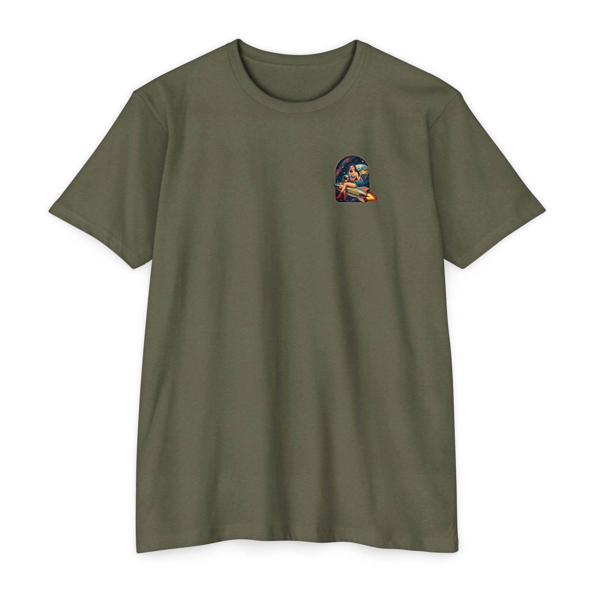 Savage Operators Rocket Girl Back Print Shirt – Vintage Space Pin - Up Tactical Tee - Savage Operators Tactical Tee | T-Shirt | Savage Operators Clothing | Patriotic Apparel | Military Humor | High Quality Heather Maroon
