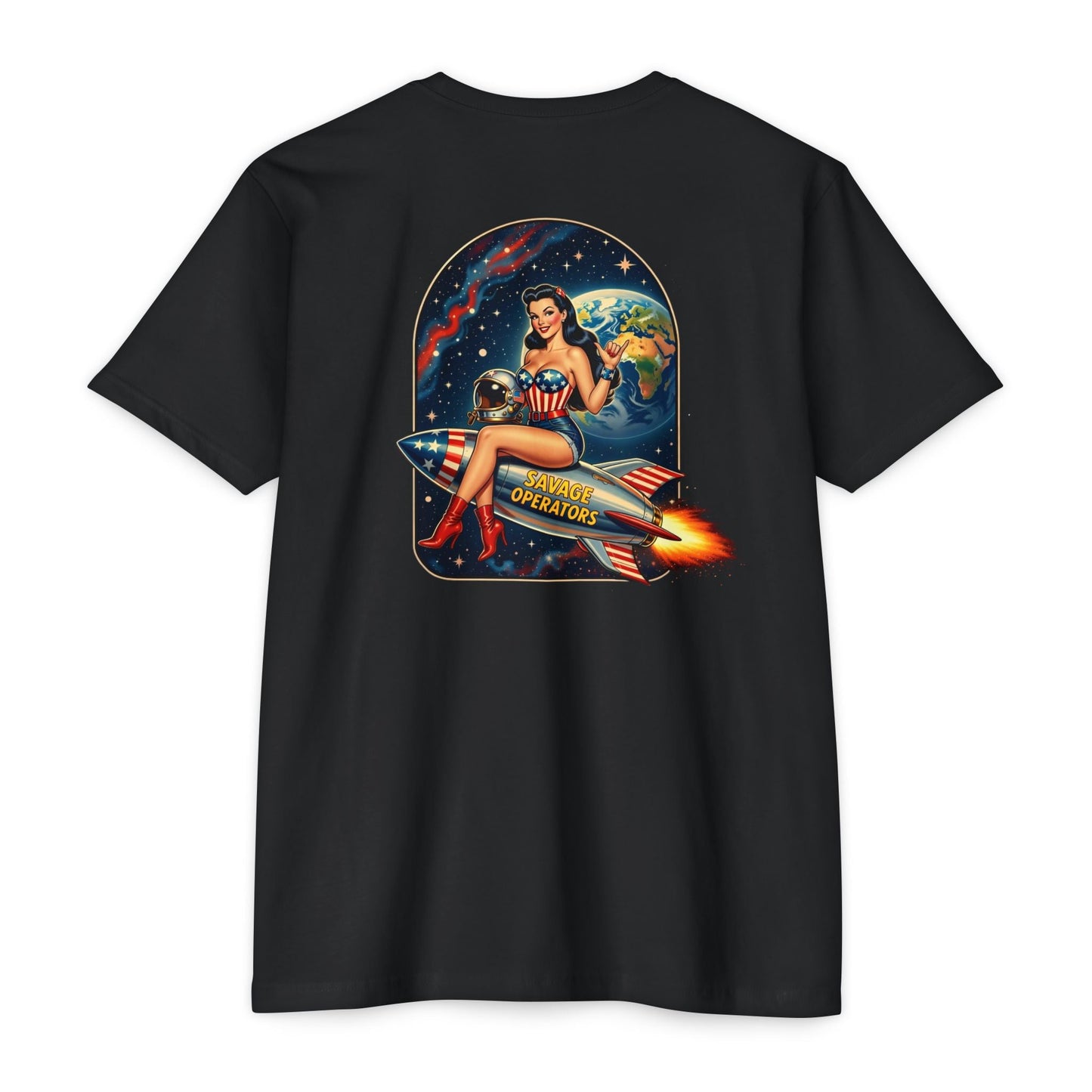 Savage Operators Rocket Girl Back Print Shirt – Vintage Space Pin - Up Tactical Tee - Savage Operators Tactical Tee | T-Shirt | Savage Operators Clothing | Patriotic Apparel | Military Humor | High Quality Heather Maroon