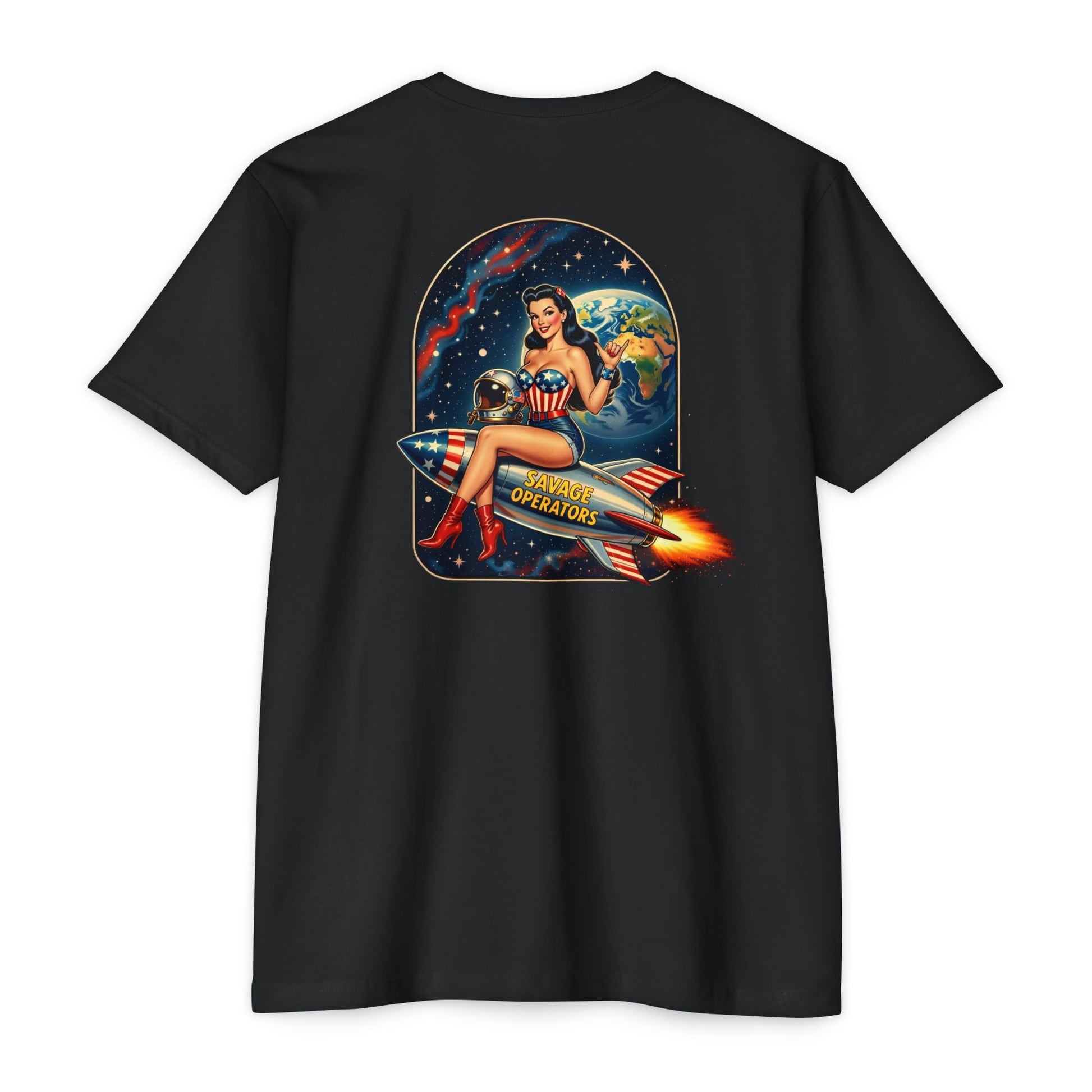 Savage Operators Rocket Girl Back Print Shirt – Vintage Space Pin - Up Tactical Tee - Savage Operators Tactical Tee | T-Shirt | Savage Operators Clothing | Patriotic Apparel | Military Humor | High Quality Heather Maroon