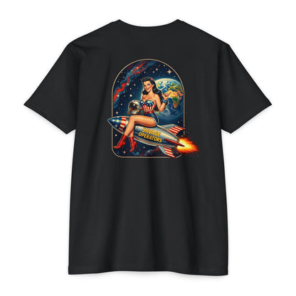 Savage Operators Rocket Girl Back Print Shirt – Vintage Space Pin - Up Tactical Tee - Savage Operators Tactical Tee | T-Shirt | Savage Operators Clothing | Patriotic Apparel | Military Humor | High Quality Heather Maroon