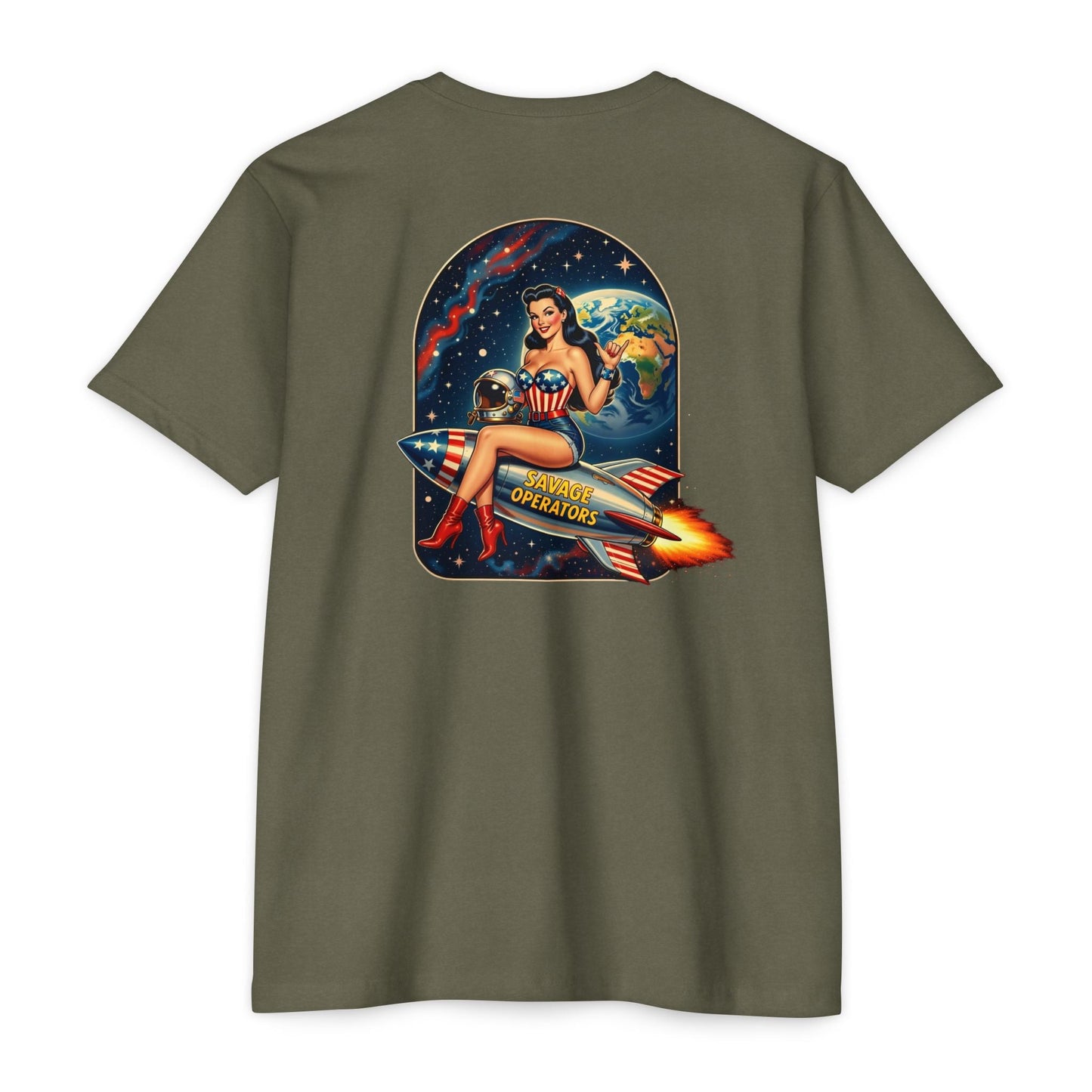 Savage Operators Rocket Girl Back Print Shirt – Vintage Space Pin - Up Tactical Tee - Savage Operators Tactical Tee | T-Shirt | Savage Operators Clothing | Patriotic Apparel | Military Humor | High Quality CVC Military Green