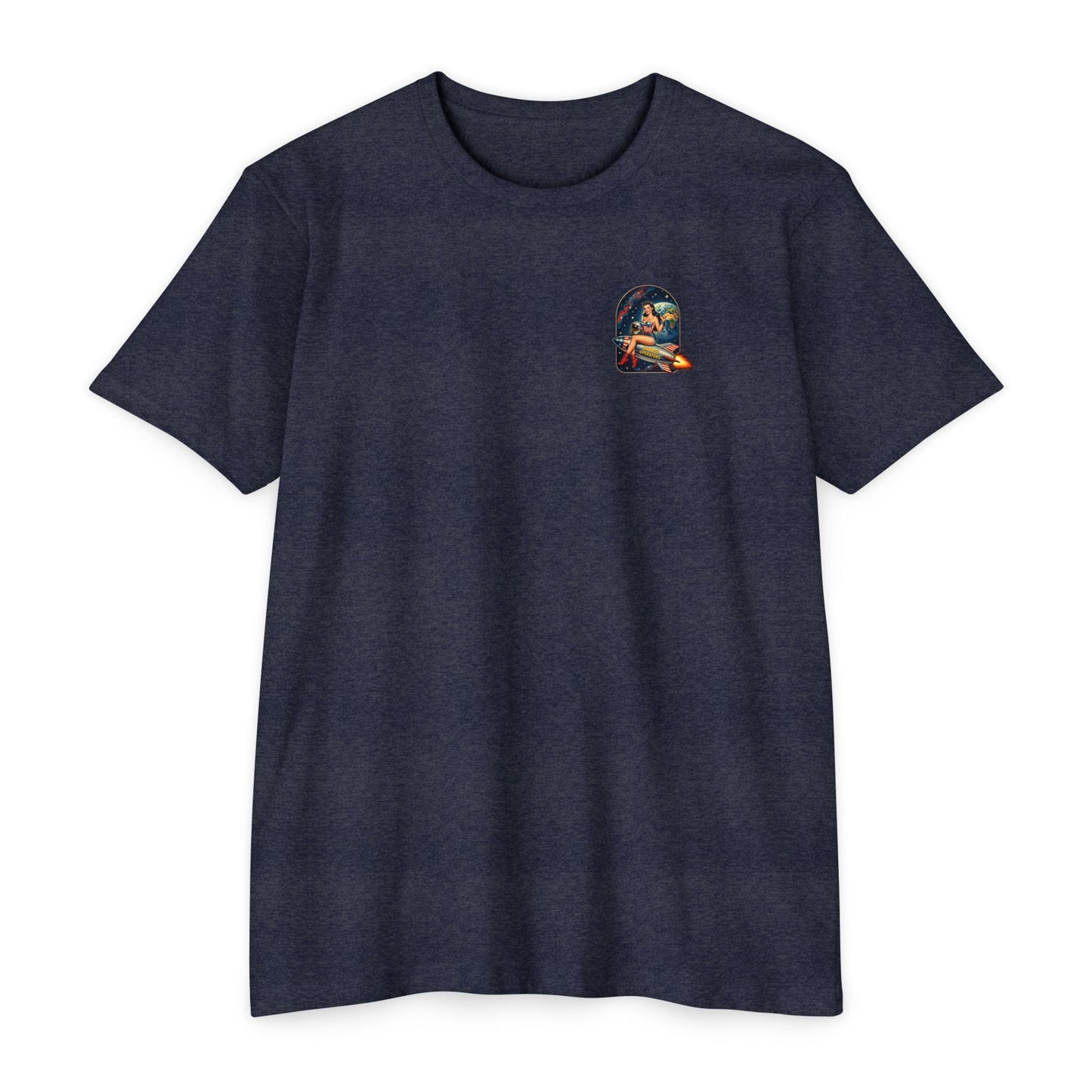 Savage Operators Rocket Girl Back Print Shirt – Vintage Space Pin - Up Tactical Tee - Savage Operators Tactical Tee | T-Shirt | Savage Operators Clothing | Patriotic Apparel | Military Humor | High Quality CVC Midnight Navy