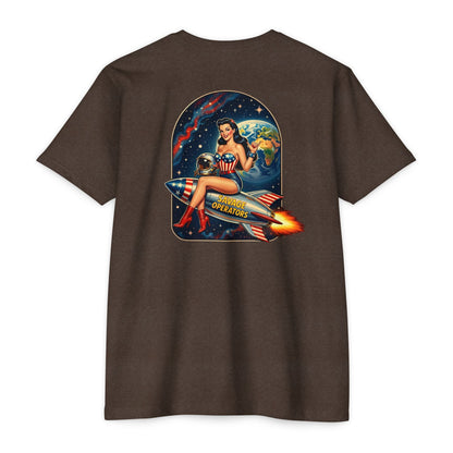 Savage Operators Rocket Girl Back Print Shirt – Vintage Space Pin - Up Tactical Tee - Savage Operators Tactical Tee | T-Shirt | Savage Operators Clothing | Patriotic Apparel | Military Humor | High Quality CVC Espresso