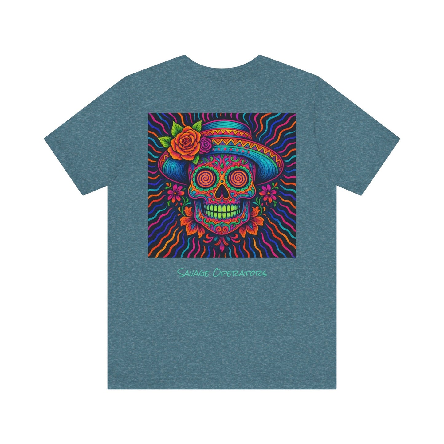 Savage Skull Trip – Trippy Neon Skull Shirt (LIMITED DROP) - BACK PRINT - Savage Operators Tactical Tee | T-Shirt | Savage Operators Clothing | Patriotic Apparel | Military Humor | High Quality Dark Grey Heather