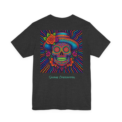Savage Skull Trip – Trippy Neon Skull Shirt (LIMITED DROP) - BACK PRINT - Savage Operators Tactical Tee | T-Shirt | Savage Operators Clothing | Patriotic Apparel | Military Humor | High Quality Dark Grey Heather
