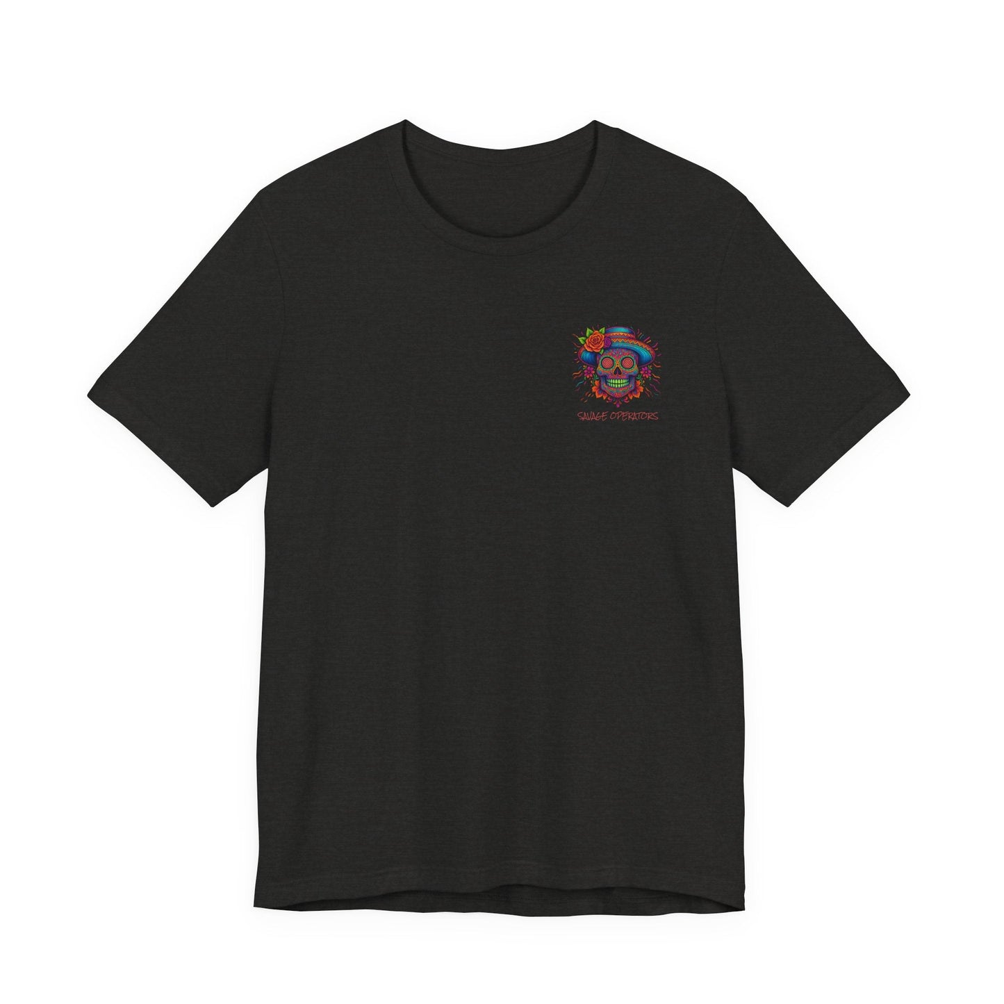 Savage Skull Trip – Trippy Neon Skull Shirt (LIMITED DROP) - BACK PRINT - Savage Operators Tactical Tee | T-Shirt | Savage Operators Clothing | Patriotic Apparel | Military Humor | High Quality Dark Grey Heather