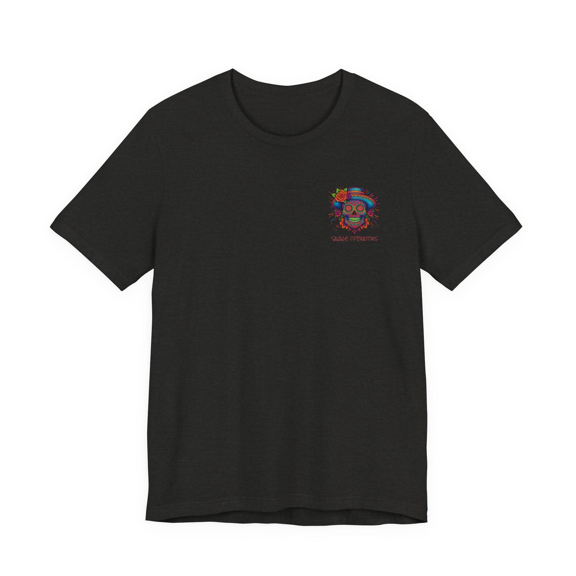 Savage Skull Trip – Trippy Neon Skull Shirt (LIMITED DROP) - BACK PRINT - Savage Operators Tactical Tee | T-Shirt | Savage Operators Clothing | Patriotic Apparel | Military Humor | High Quality Dark Grey Heather
