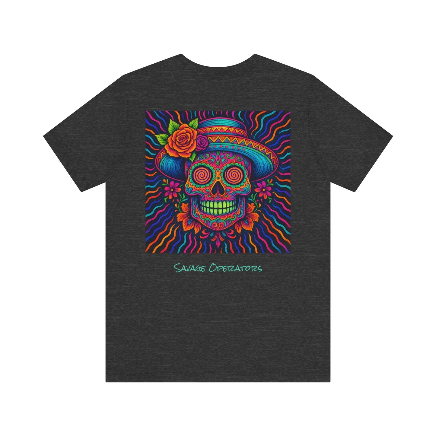 Savage Skull Trip – Trippy Neon Skull Shirt (LIMITED DROP) - BACK PRINT - Savage Operators Tactical Tee | T-Shirt | Savage Operators Clothing | Patriotic Apparel | Military Humor | High Quality Dark Grey Heather