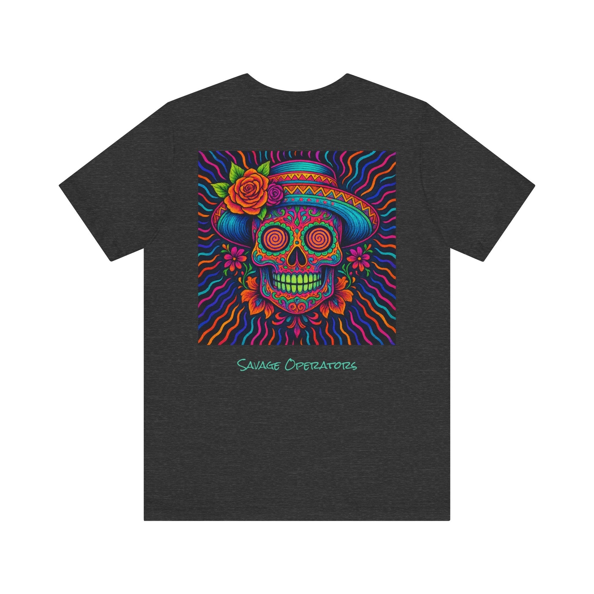 Savage Skull Trip – Trippy Neon Skull Shirt (LIMITED DROP) - BACK PRINT - Savage Operators Tactical Tee | T-Shirt | Savage Operators Clothing | Patriotic Apparel | Military Humor | High Quality Dark Grey Heather