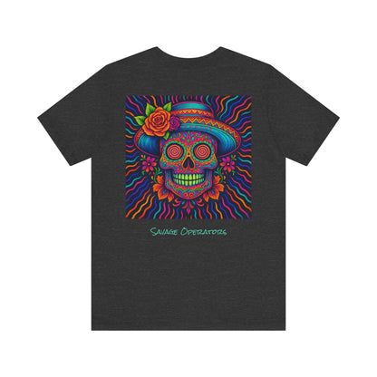 Savage Skull Trip – Trippy Neon Skull Shirt (LIMITED DROP) - BACK PRINT - Savage Operators Tactical Tee | T-Shirt | Savage Operators Clothing | Patriotic Apparel | Military Humor | High Quality Dark Grey Heather