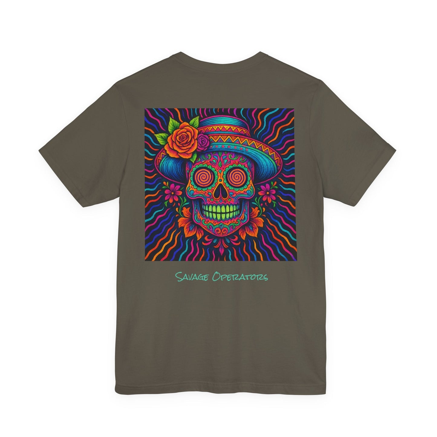 Savage Skull Trip – Trippy Neon Skull Shirt (LIMITED DROP) - BACK PRINT - Savage Operators Tactical Tee | T-Shirt | Savage Operators Clothing | Patriotic Apparel | Military Humor | High Quality Dark Grey Heather