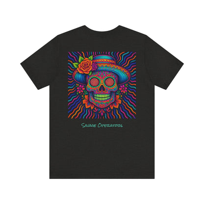 Savage Skull Trip – Trippy Neon Skull Shirt (LIMITED DROP) - BACK PRINT - Savage Operators Tactical Tee | T-Shirt | Savage Operators Clothing | Patriotic Apparel | Military Humor | High Quality Dark Grey Heather