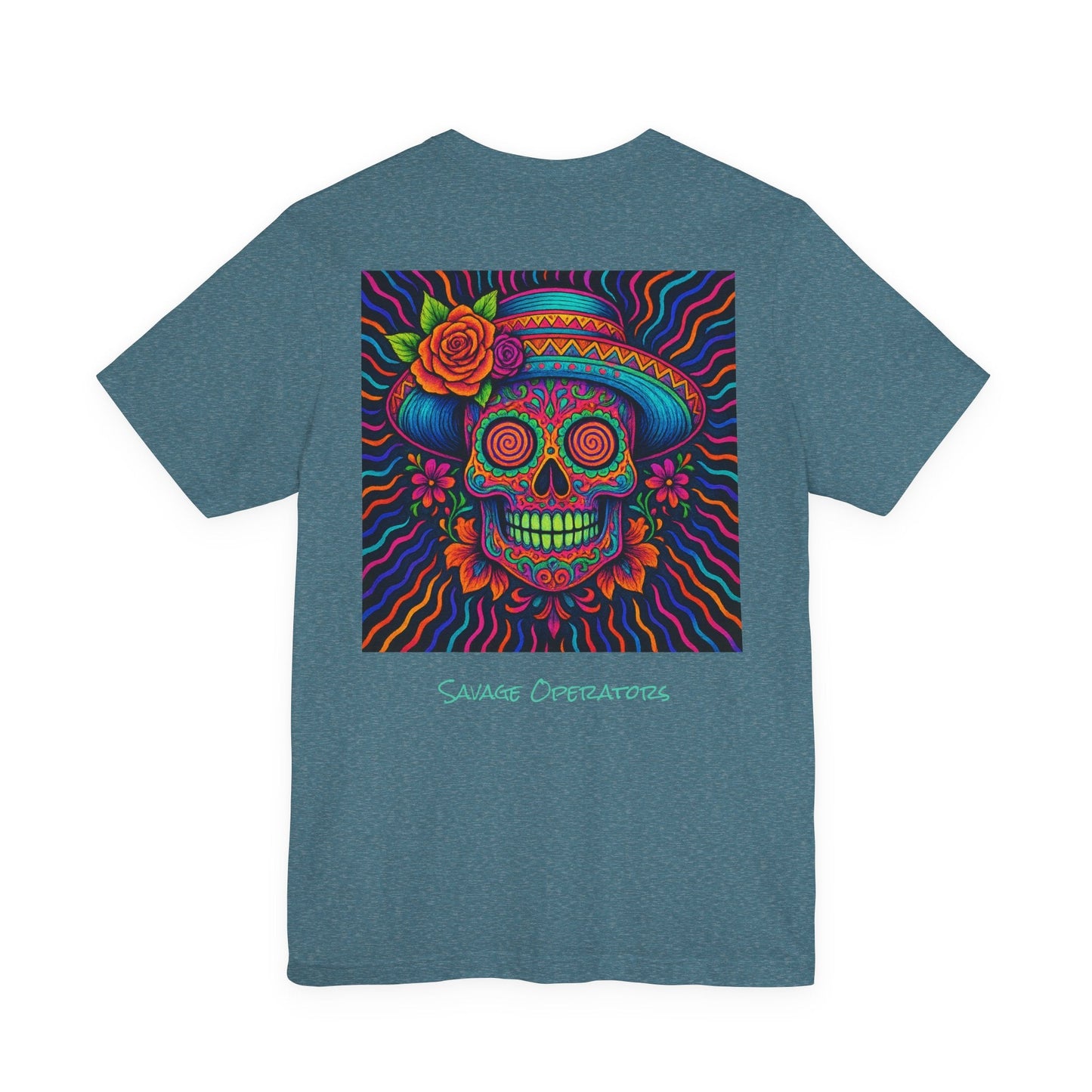 Savage Skull Trip – Trippy Neon Skull Shirt (LIMITED DROP) - BACK PRINT - Savage Operators Tactical Tee | T-Shirt | Savage Operators Clothing | Patriotic Apparel | Military Humor | High Quality Dark Grey Heather