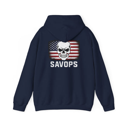 SAVOPS Skull American Flag Hoodie - Savage Operators Tactical Tee | Hoodie | Savage Operators Clothing | Patriotic Apparel | Military Humor | High Quality S