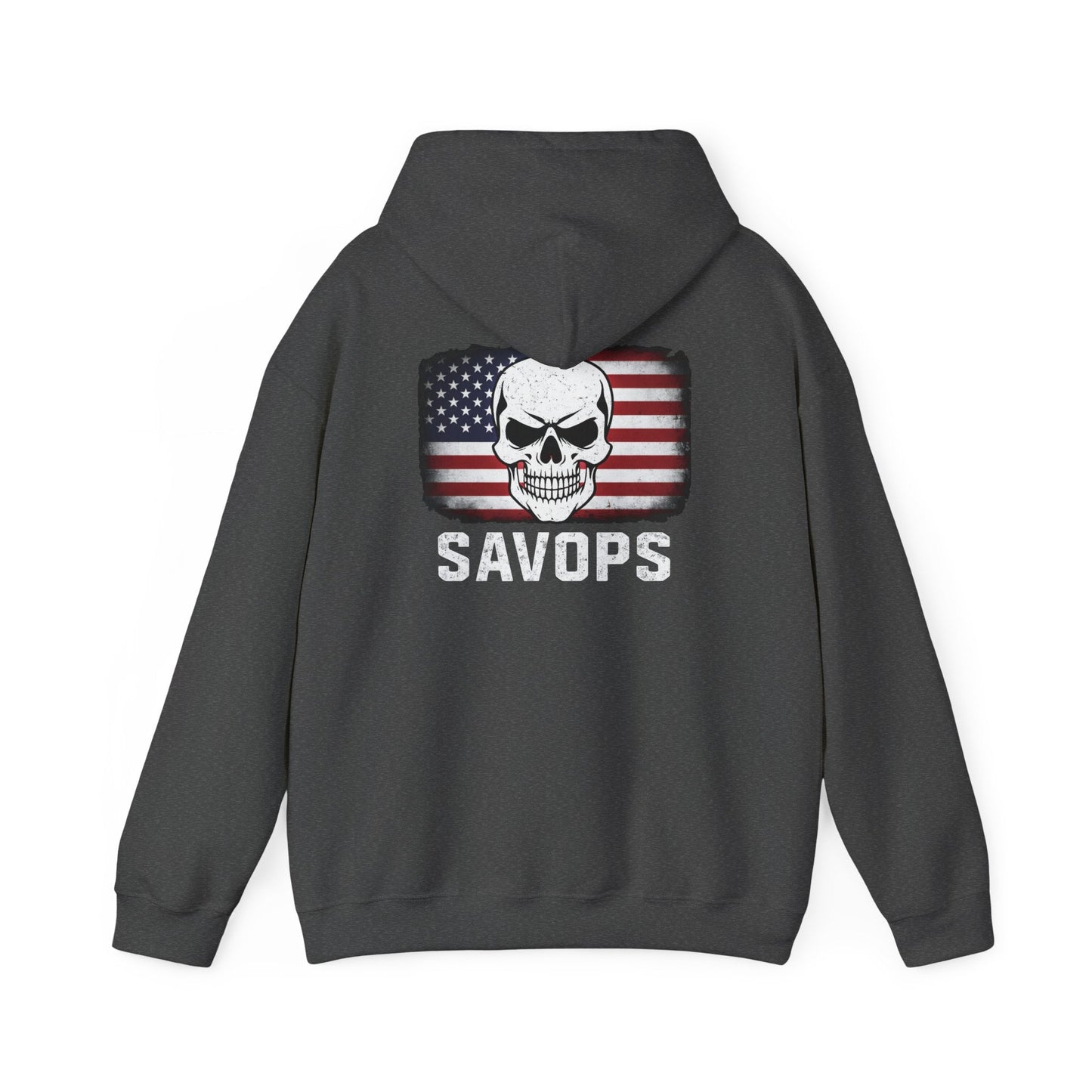 SAVOPS Skull American Flag Hoodie - Savage Operators Tactical Tee | Hoodie | Savage Operators Clothing | Patriotic Apparel | Military Humor | High Quality S