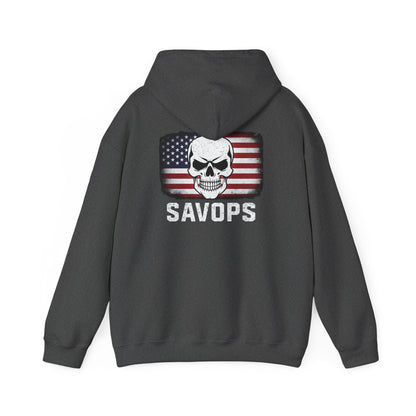 SAVOPS Skull American Flag Hoodie - Savage Operators Tactical Tee | Hoodie | Savage Operators Clothing | Patriotic Apparel | Military Humor | High Quality S