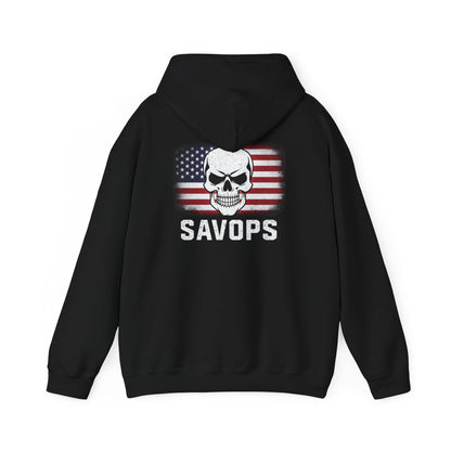 SAVOPS Skull American Flag Hoodie - Savage Operators Tactical Tee | Hoodie | Savage Operators Clothing | Patriotic Apparel | Military Humor | High Quality S