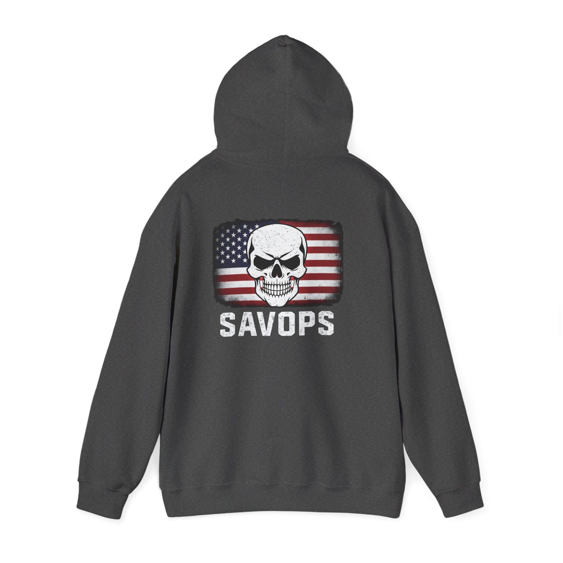 SAVOPS Skull American Flag Hoodie - Savage Operators Tactical Tee | Hoodie | Savage Operators Clothing | Patriotic Apparel | Military Humor | High Quality S