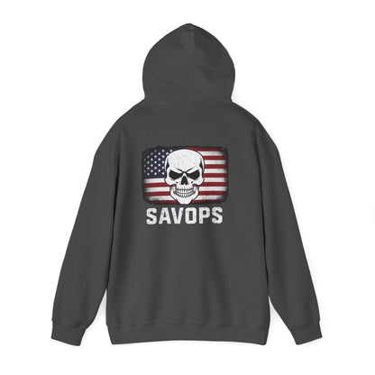 SAVOPS Skull American Flag Hoodie - Savage Operators Tactical Tee | Hoodie | Savage Operators Clothing | Patriotic Apparel | Military Humor | High Quality S