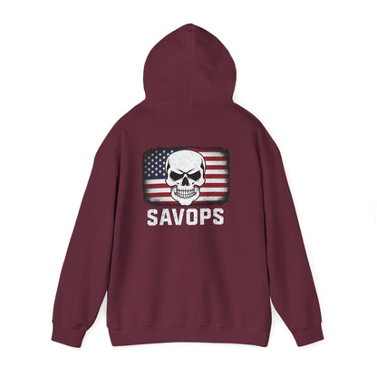 SAVOPS Skull American Flag Hoodie - Savage Operators Tactical Tee | Hoodie | Savage Operators Clothing | Patriotic Apparel | Military Humor | High Quality S