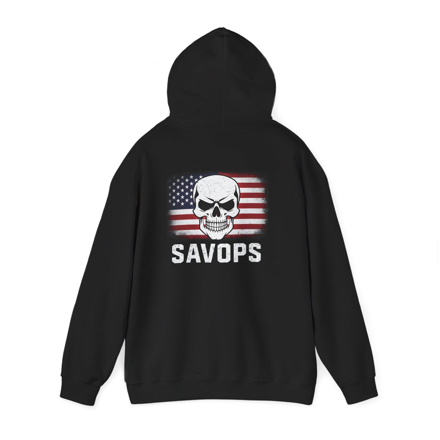 SAVOPS Skull American Flag Hoodie - Savage Operators Tactical Tee | Hoodie | Savage Operators Clothing | Patriotic Apparel | Military Humor | High Quality S