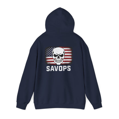 SAVOPS Skull American Flag Hoodie - Savage Operators Tactical Tee | Hoodie | Savage Operators Clothing | Patriotic Apparel | Military Humor | High Quality S