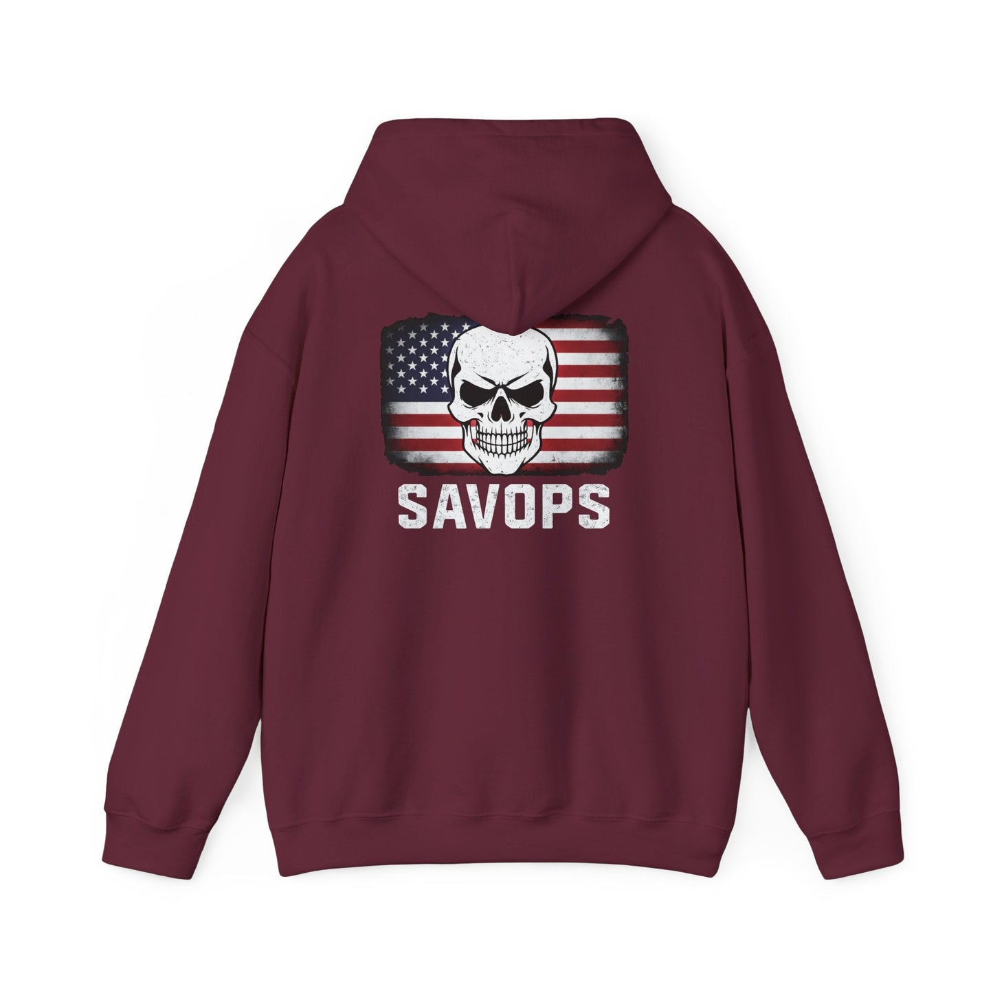 SAVOPS Skull American Flag Hoodie - Savage Operators Tactical Tee | Hoodie | Savage Operators Clothing | Patriotic Apparel | Military Humor | High Quality S