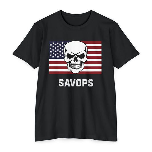 SAVOPS Skull Flag Tee – Patriotic American Savage Series - Savage Operators Tactical Tee | T-Shirt | Savage Operators Clothing | Patriotic Apparel | Military Humor | High Quality CVC Black