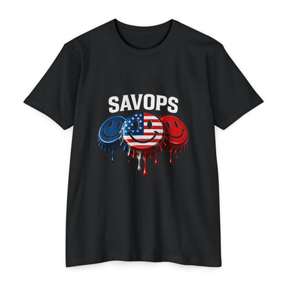 SavOps Smiley Caps – Red, White & Blue Patriotic Tee - Savage Operators Tactical Tee | T-Shirt | Savage Operators Clothing | Patriotic Apparel | Military Humor | High Quality CVC Black