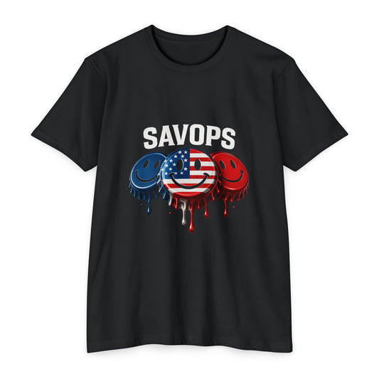 SavOps Smiley Caps – Red, White & Blue Patriotic Tee - Savage Operators Tactical Tee | T-Shirt | Savage Operators Clothing | Patriotic Apparel | Military Humor | High Quality CVC Black