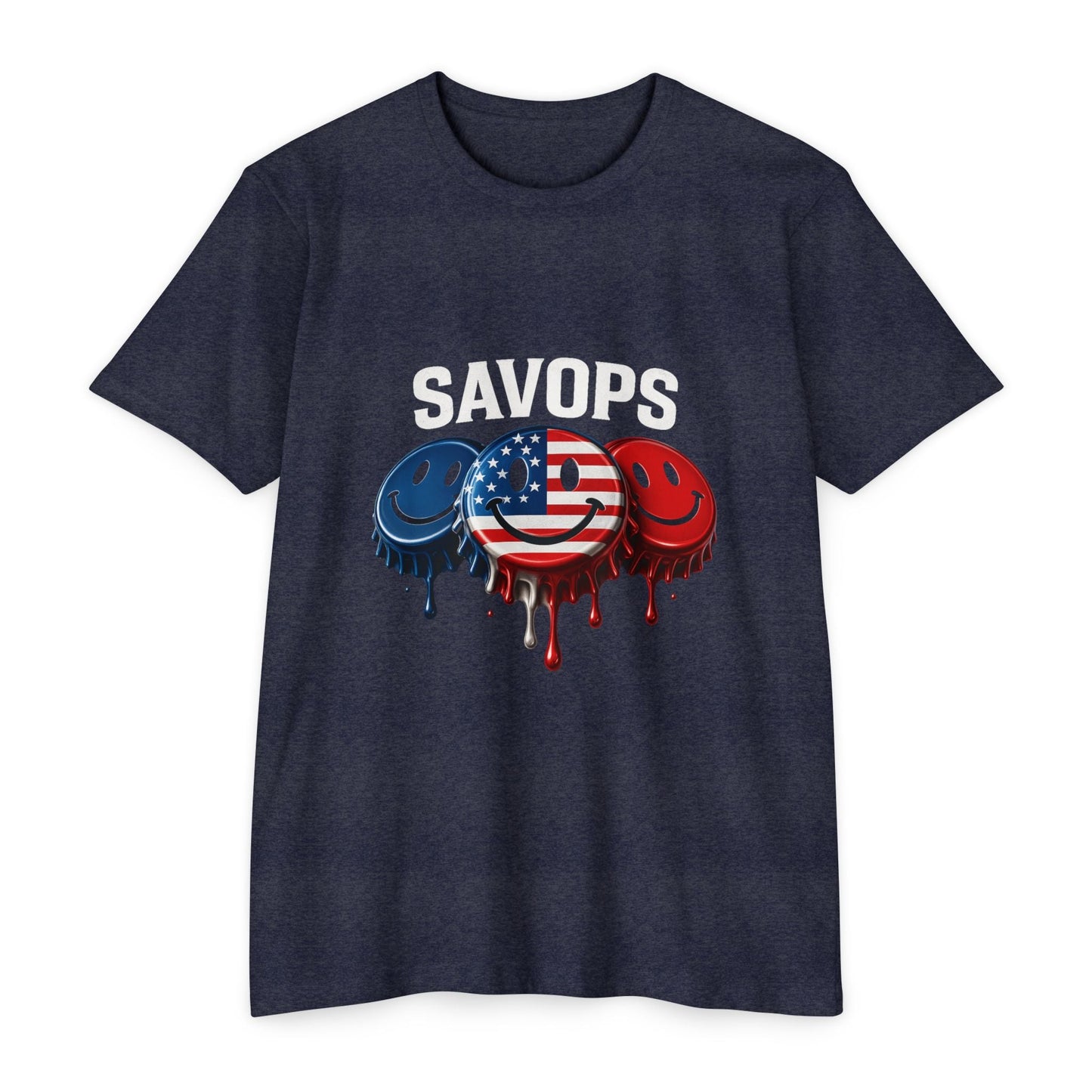 SavOps Smiley Caps – Red, White & Blue Patriotic Tee - Savage Operators Tactical Tee | T-Shirt | Savage Operators Clothing | Patriotic Apparel | Military Humor | High Quality CVC Midnight Navy