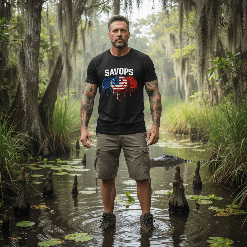 SavOps Smiley Caps – Red, White & Blue Patriotic Tee - Savage Operators Tactical Tee | T-Shirt | Savage Operators Clothing | Patriotic Apparel | Military Humor | High Quality CVC Midnight Navy