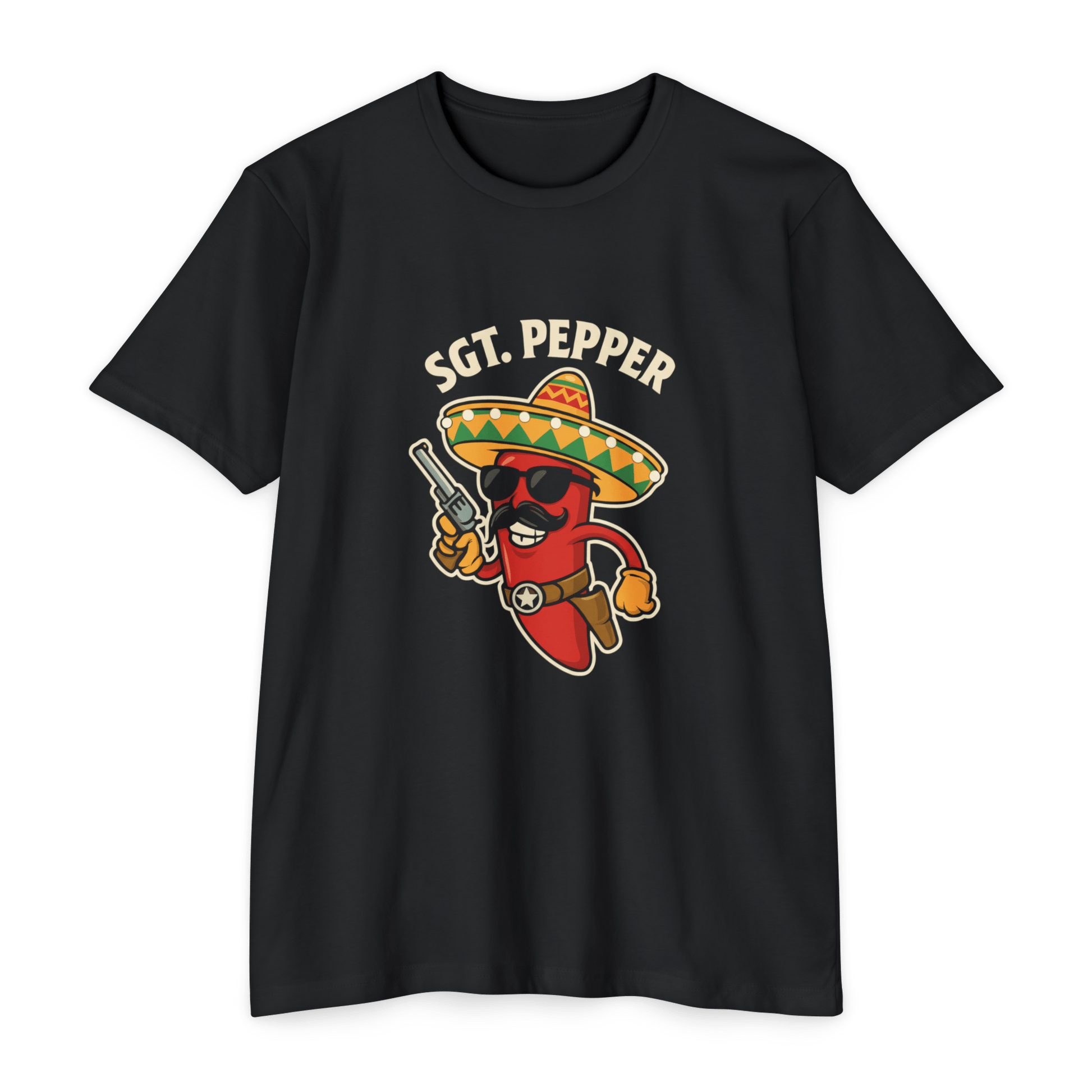 Sgt. Pepper Funny Hot Pepper T-Shirt – Spicy Mexican Sombrero Gunslinger Design - Savage Operators Tactical Tee | T-Shirt | Savage Operators Clothing | Patriotic Apparel | Military Humor | High Quality CVC Black