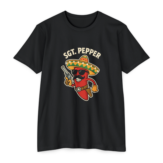 Sgt. Pepper Funny Hot Pepper T-Shirt – Spicy Mexican Sombrero Gunslinger Design - Savage Operators Tactical Tee | T-Shirt | Savage Operators Clothing | Patriotic Apparel | Military Humor | High Quality CVC Black