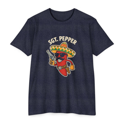 Sgt. Pepper Funny Hot Pepper T-Shirt – Spicy Mexican Sombrero Gunslinger Design - Savage Operators Tactical Tee | T-Shirt | Savage Operators Clothing | Patriotic Apparel | Military Humor | High Quality CVC Midnight Navy