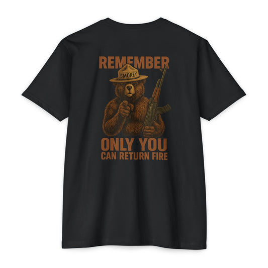 Smokey Bear Return Fire Dark Funny Humor Tee - BACK PRINT - Savage Operators Tactical Tee | T-Shirt | Savage Operators Clothing | Patriotic Apparel | Military Humor | High Quality CVC Black