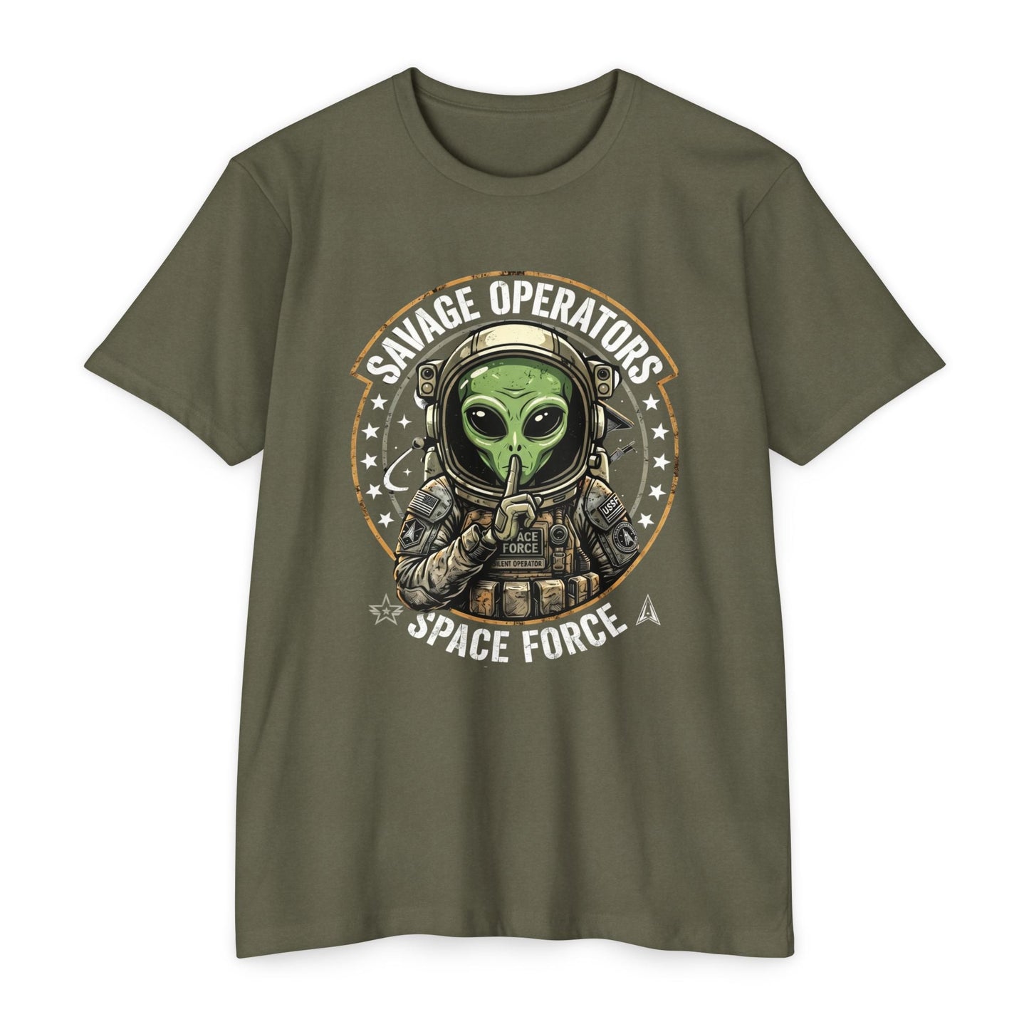 Space Force Alien T-Shirt — "Savage Operators" Military Sci‑Fi Graphic Tee Front Print - Savage Operators Tactical Tee | T-Shirt | Savage Operators Clothing | Patriotic Apparel | Military Humor | High Quality CVC Military Green
