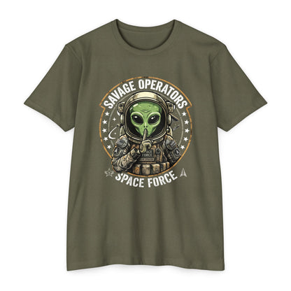 Space Force Alien T-Shirt — "Savage Operators" Military Sci‑Fi Graphic Tee Front Print - Savage Operators Tactical Tee | T-Shirt | Savage Operators Clothing | Patriotic Apparel | Military Humor | High Quality CVC Military Green