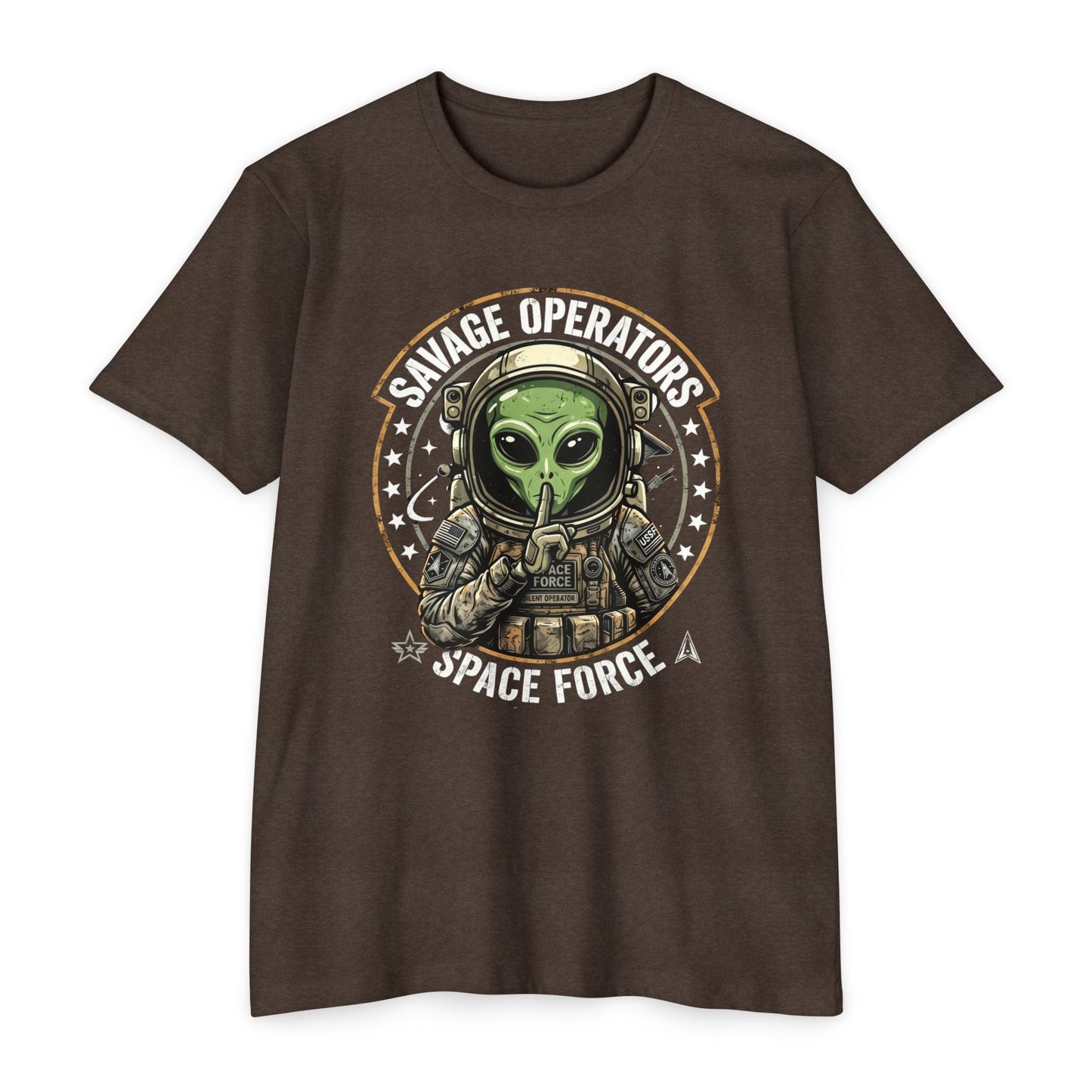 Space Force Alien T-Shirt — "Savage Operators" Military Sci‑Fi Graphic Tee Front Print - Savage Operators Tactical Tee | T-Shirt | Savage Operators Clothing | Patriotic Apparel | Military Humor | High Quality CVC Espresso